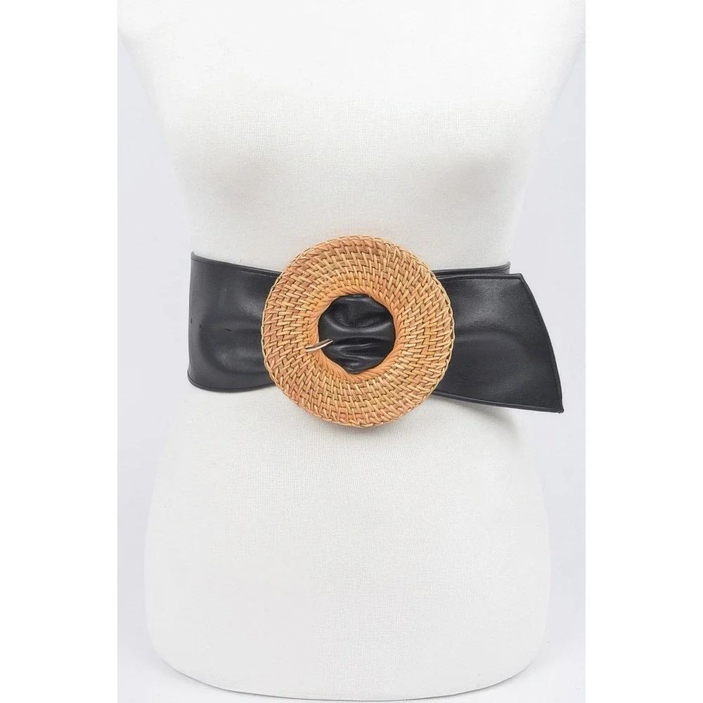Wide Waist Belt Women OS Black Woven Straw Rattan Buckle